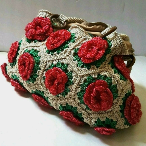 Vintage knit crochet sparkle large floral  bag - Picture 2 of 8